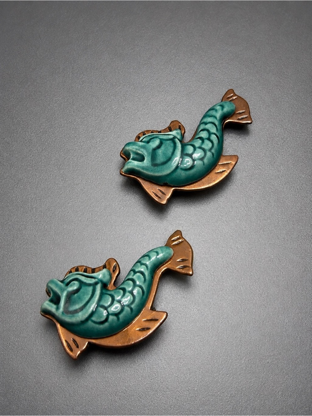 Vintage Elzac Artistic Copper and Ceramic Fish Brooches #39SB